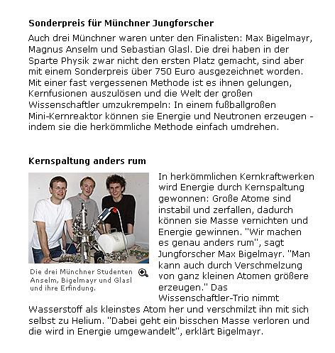 Sonderpreis für Münchner Jungforscher Max Bigelmayr, Magnus Anselm, Sebastian Glasl