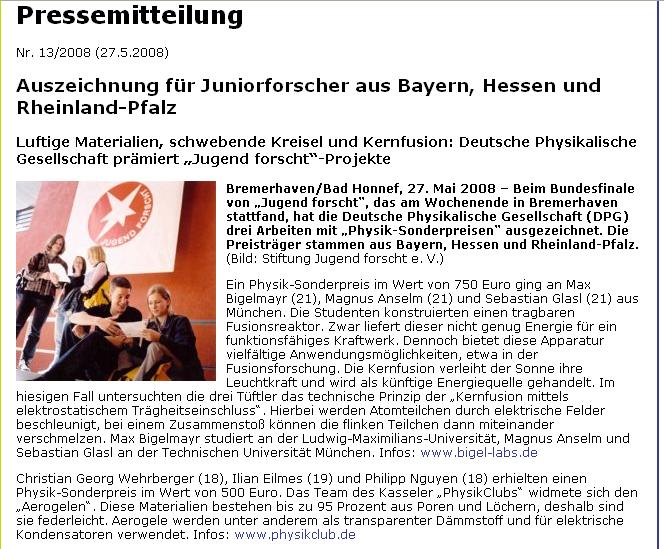 Pressemitteilung Jugend forscht