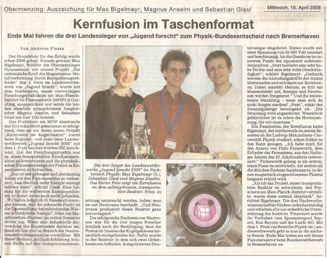 Kernfusion im Taschenformat Jugend forscht Projekt Max Bigelmayr, Sebastian Glasl Magnus Anselm